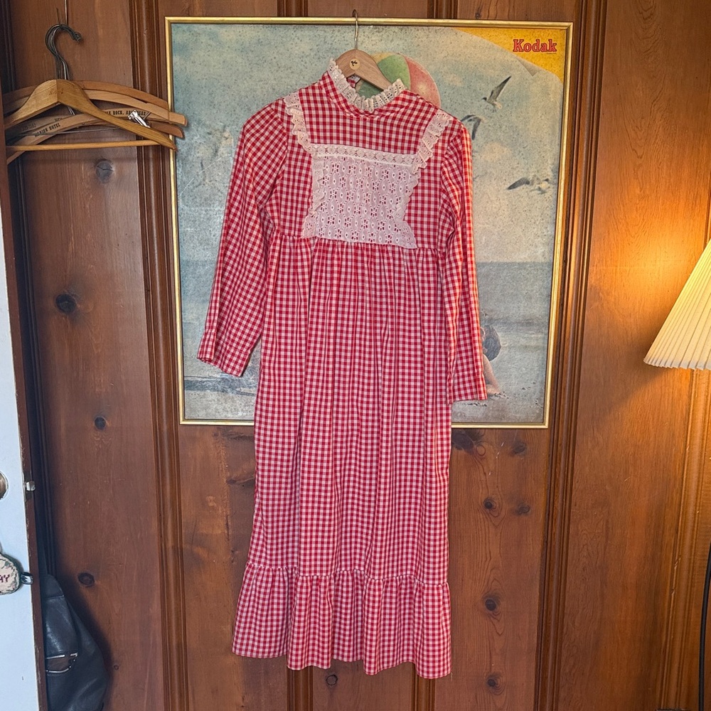 1970’s Handmade Vintage Red Gingham Prairie Dress with Lace Detail